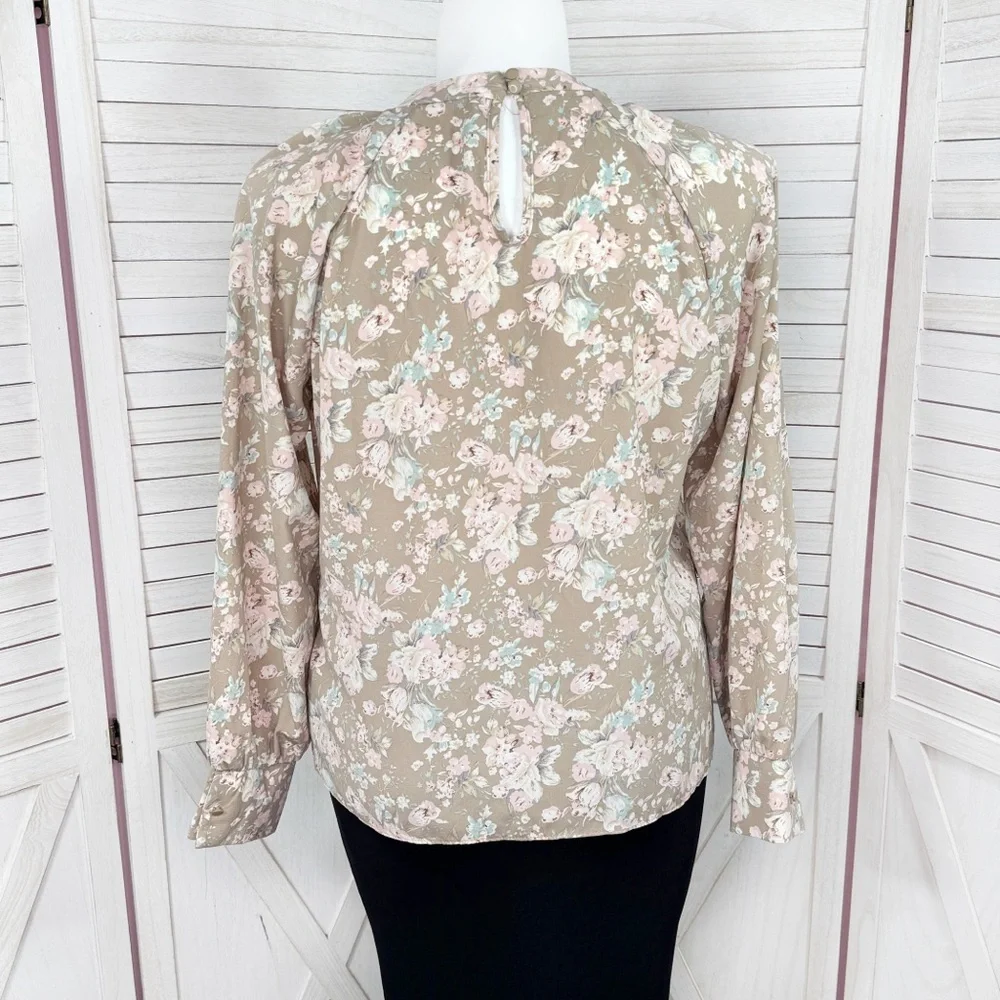 Cottagecore Floral‎ Gathered Mock Neck Pullover Blouse Tan Pink XL Long Sleeve
